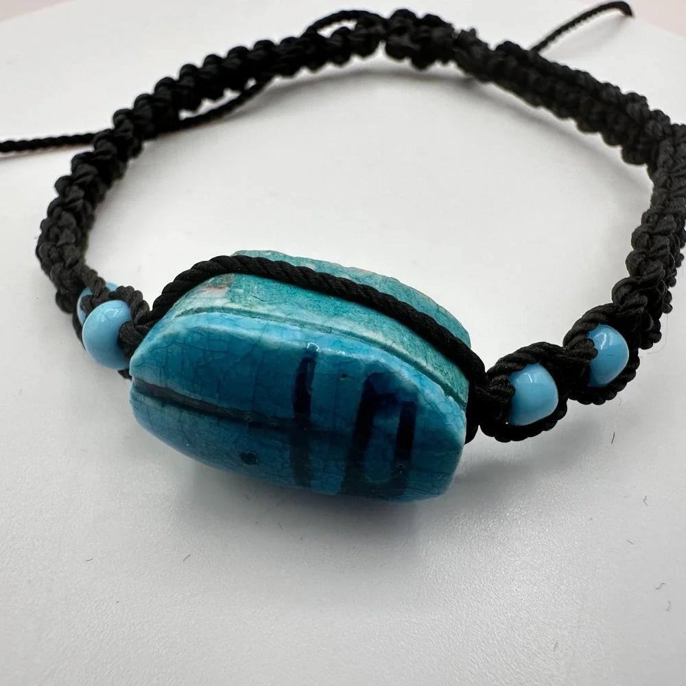 Vintage 90s Egyptian Scarab Bracelet Blue Glass Stone Braided Cord Boho Jewelry